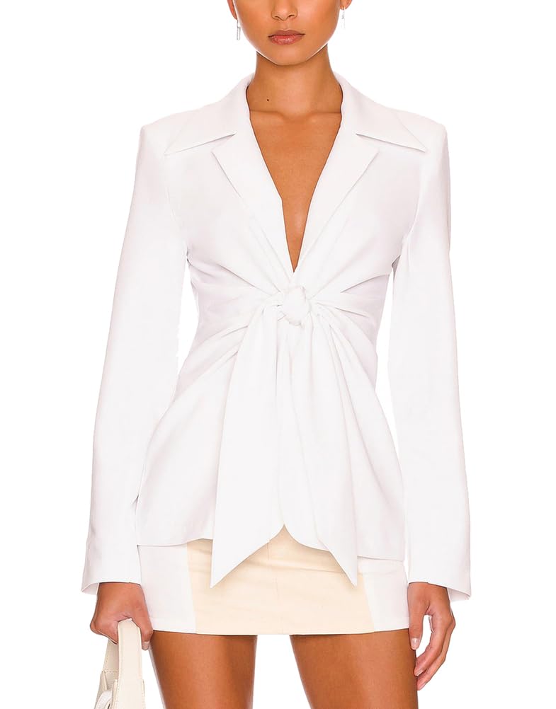 cffvdiz Womens Office Work Blazer Jackets Lapel Long Sleeves Waist Defining Knot Tie Blazers Coat