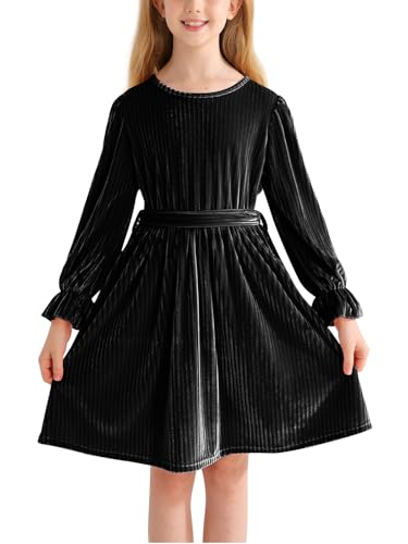 Patgoal Girls Velvet Dress Kids Long Sleeve Crew Neck Midi Fall Winter Vintage Festive Dress Teen Girl Christmas Party Dress