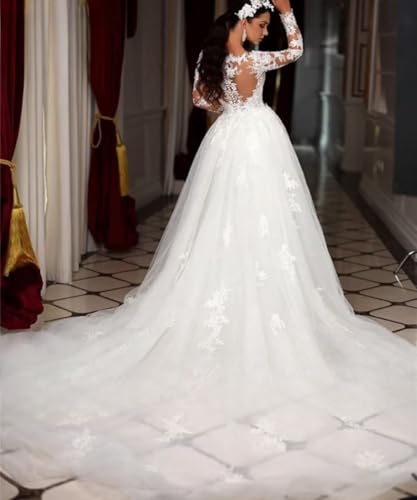 Long Sleeve Mermaid Wedding Dresses for Bride Lace Tulle Beach Bridal Gowns with Detachable Train4