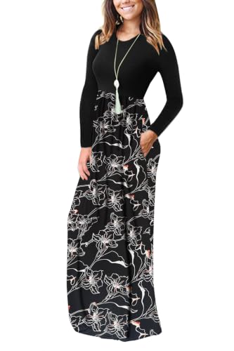 Image of AUSELILY Womens Long Sleeve Maxi Dress Casual Empire Waist with Pockets | Versatile year round long dress for spring, fall, winter, available in floral prints and solids