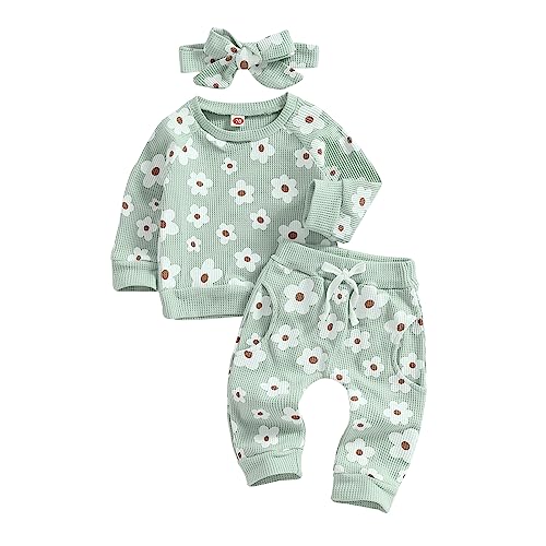 YINGISFITM Fall Baby Girl Clothes Waffle Knit Floral Pullover Sweatshirt Long Sleeve Shirt Top Pants Cute Winter Outfit Set (Green, 12-18 Months)