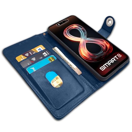 Image of Pikkme Infinix Smart 8 HD Flip Cover Leather Finish | Inside TPU with Card Pockets | Wallet Stand and Shock Proof | Complete Protection Button Flip Case (Blue)