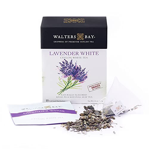 Walters Bay Lavender White Tea, Premium, 15 Count, Ceylon Tea, 100% Hand Plucked, White Tea, Low Caffeine, All Natural, Pyramid Bag, Sri Lankan Tea