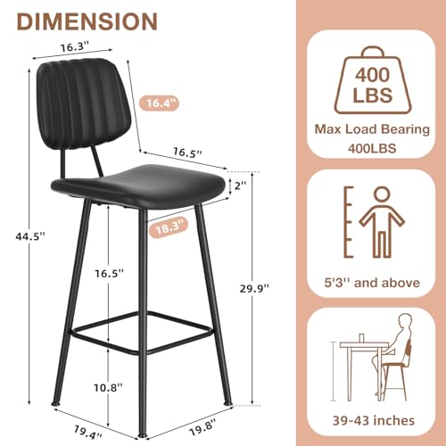 Image of Raynesys 29-Inch Leather Bar Stools Set of 2 with High Backrest, Black