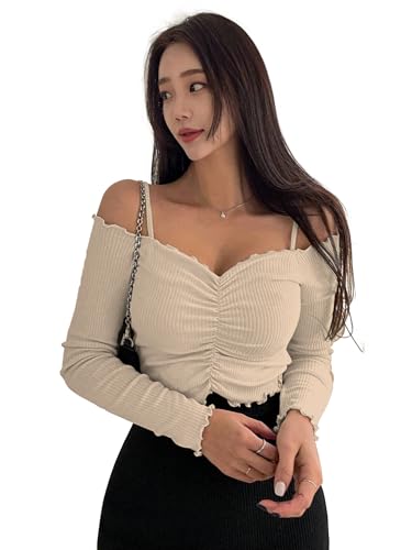 Image of Sugathari Women's Purple Solid Colour Open Cold Off Shoulder Long Sleeve Lettuce Hem Casual Autumn Trim Tight- Slim Fitting Ruched Front Ladies' Camisole Top, Tee, T-Shirt (T-Shirt 184)