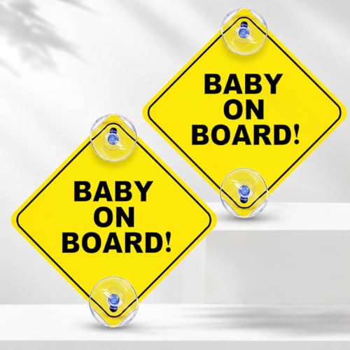 2 Pcs Baby on Board Sign for Car High Visibility Safety Warning Caution Sign with 4 Strong Suction Cups Reusable PVC Weatherproof Stickers for Toddlers Babies & Kids - Yellow