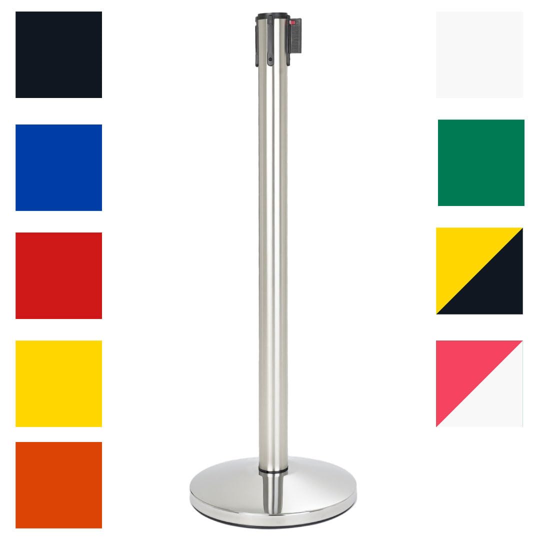 Danieli Store - Postes Separadores en Acero Cromado Pulido con Cinta de 3mt Amarillo y Negro - Base Reforzada y Goma Antideslizante - Cinta Retráctil y con Sistema de Seguridad (Amarillo y negro)