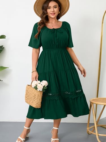 Image of RWJ Women's Plus Size Maxi Dress Short Sleeve Square Neck Flowy A-Line Lace Trim Flutter Party Casual Off Shoulder Dresses