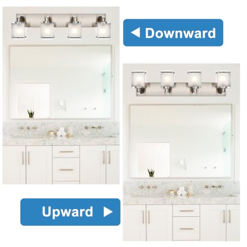 Image of 4 -Lights Bathroom Light Fixtures Over Mirror, Brushed Nickel Vanity Lighting Fixture with Rectangular Frosted Glass Shade, Wall Sconce Lighting for Kitchen Living Room Bedroom Hallway
