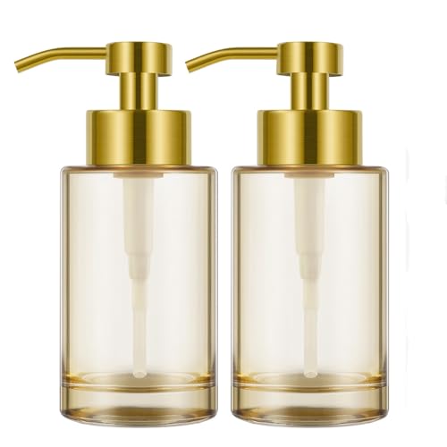 Image of Gold Soap Dispenser 2Pack with Stainless Steel Pump,12oz Thick Glass Soap Dispenser,Refillable Hand Liquid Soap Dispenser with Label for Bathroom and Kitchen