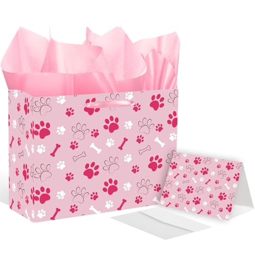 Pink Dog Paw Print Gift Bag Large Dog Birthday Gift Bag Paw Print Wrapping paper with Tissue Paper and & Card for Girl Boy Young Puppy Party Decorations Pet Themed Celebrations Birthday Party