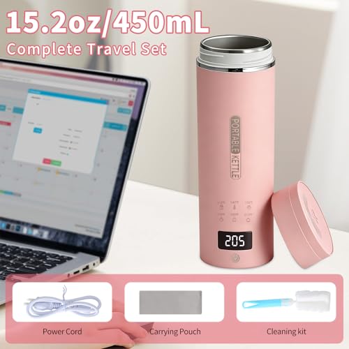 Image of Pink Travel Electric Kettle with LCD Display, 6 Temperature Settings, 450ml / 15.2oz, 304 Stainless Steel, Auto Shut-Off and Dry Boil Protection, Compact and Portable Electric Kettle