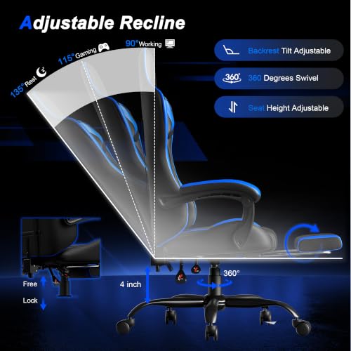 Image of Gaming Chair, Ergonomic Computer Chair with Footrest and Lumbar Support, Height Adjustable Video Game Chair with 360 Swivel Seat and Headrest for Office, Home, Streaming and Gaming (Blue)