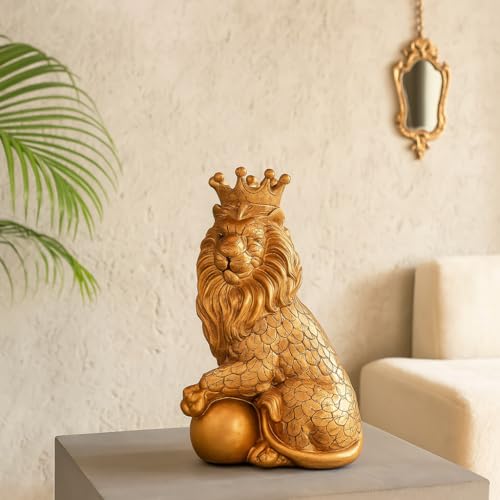 Image of Xtore Golden Lion Statue with Crown | Resin Home Decor Figurine | Luxury Animal Decor | Elegant Ornament for Living Room, Office, or Shelf | Regal Art Piece - Golden