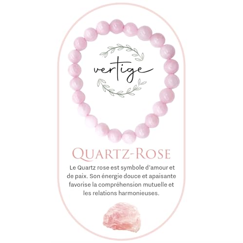 VERTIGE Bracelet QUARTZ-ROSE, Pierres 8mm Minérales, Source de bien être, Apporte AMOUR, PAIX et HARMONIE RELATIONNELLE, Bracelet Femme/Bracelet Homme