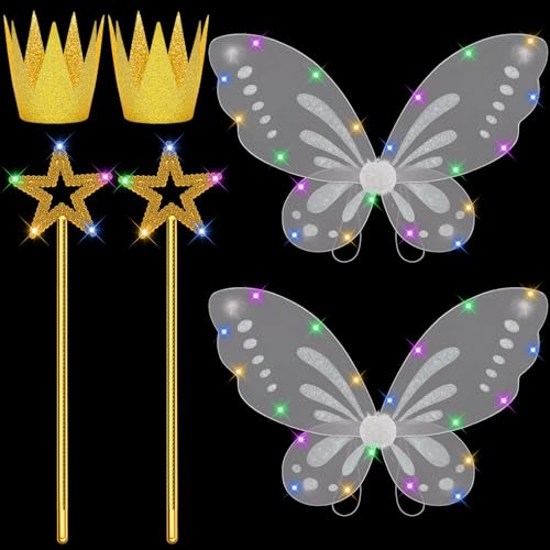 BIBUTY Light Up Fairy Wings for Girls Butterfly Wings Fairy Wings Costumes with Light Up Star Wand Wings and Gold Crowns Pretend Play Halloween Costume Dress Up Accessories for Adults and Kids