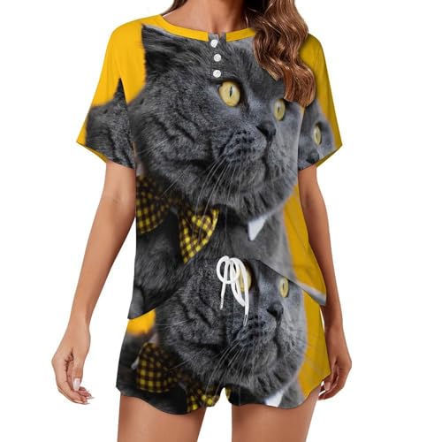Pyjama femme manches courtes vêtements de nuit été sleepwear chat gras