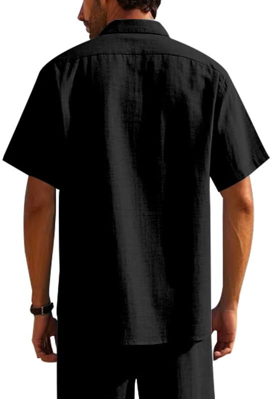 Men's Linen Shirt - Short Sleeve Button Down Collar Solid Casual Shirts with Pocket for Vacation Business - Image 3