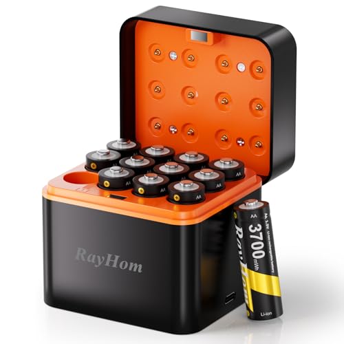 Rechargeable AA Lithium Batteries with Charger-12Pack Double A Batteries for Blink Camera, 1.5V Constant Output 3700mWh High Capacity, Cycle Times Up to 1600, with 12 Slot aa Li-Ion Battery Charger