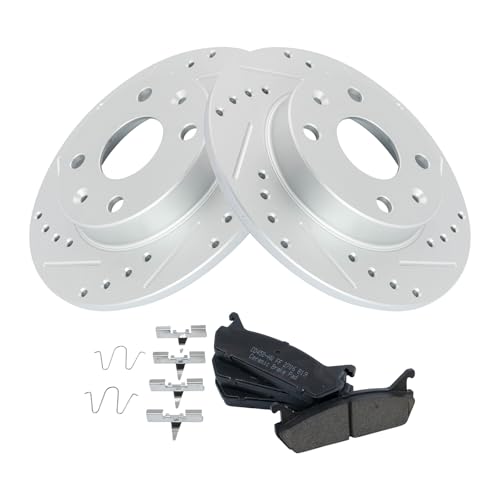 Image of TRQ Performance Rear Brake Pad and Rotor Set Ceramic Drilled Slotted G Coated Rotors Compatible with 1990-1993 Mazda Miata