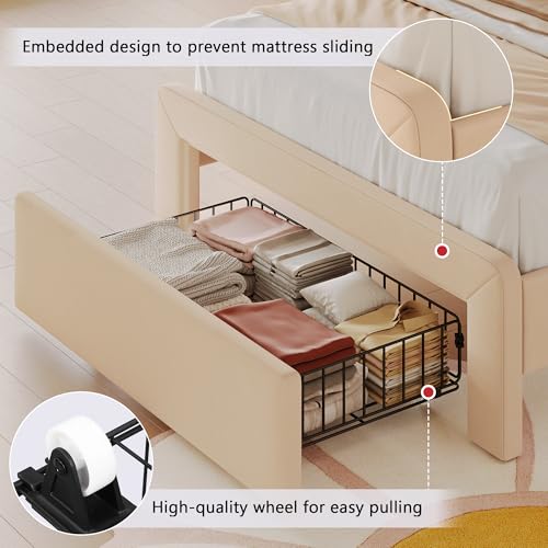 Image of Feonase Twin Upholstered Bed Frame with Storage Drawers and Headboard, Built-in Charging Station, Velvet Platform LED Bed with Solid Wood Slat Support, No Box Spring Needed, for Girls and Kids, Beige