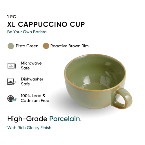Image of Shay Large Ceramic Coffee Cup Set of 1 Pista Green, 320ml | Cappuccino Cup | Glossy Finish | Large Ceramic Coffee Cup | Premium Porcelain Coffee Cup | Microwave Safe (XL Cuppa - Pista Green)