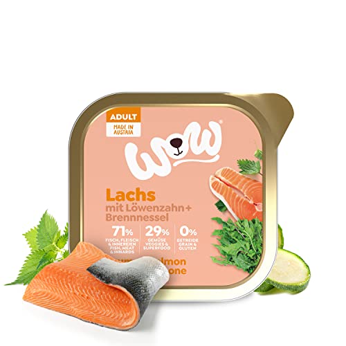 WOW Hundefutter nass Adult mit Lachs, 11x 150g I reichhaltiges Nassfutter für ausgewachsene Hunde Aller Rassen I Beste Qualität mit viel Fisch, Löwenzahn & Brennnessel I hohe Verträglichkeit