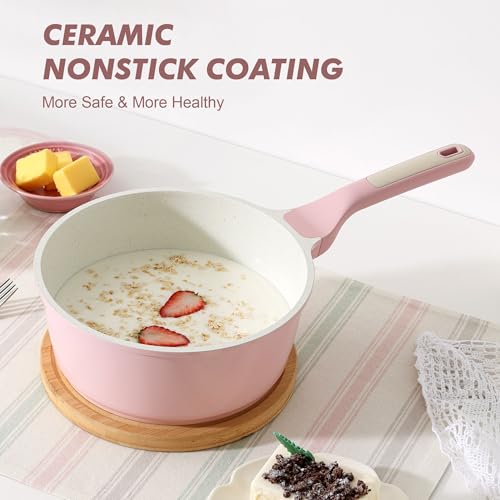 Image of SENSARTE White Ceramic Nonstick Saucepan with Lid 2.5 Quarts, Medium Cooking Pot with Stay Cool Handle, Induction Compatible Saucepot, White Granite Coating, Free of Intentionally Added PTFE /PFOA /PFAS