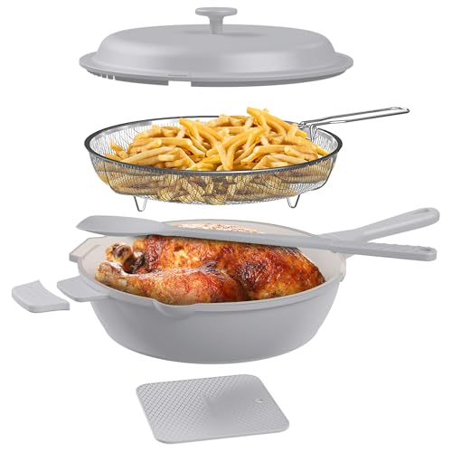 Image of ZUKA 10 in 1 Ceramic Pan by Granitestone, Large 10 Inch Saute Pan with Lid Serves as Deep Frying Pan Set with Steamer, Everyday Skillet, Non Toxic Ceramic Nonstick, Induction Oven & Dishwasher Safe