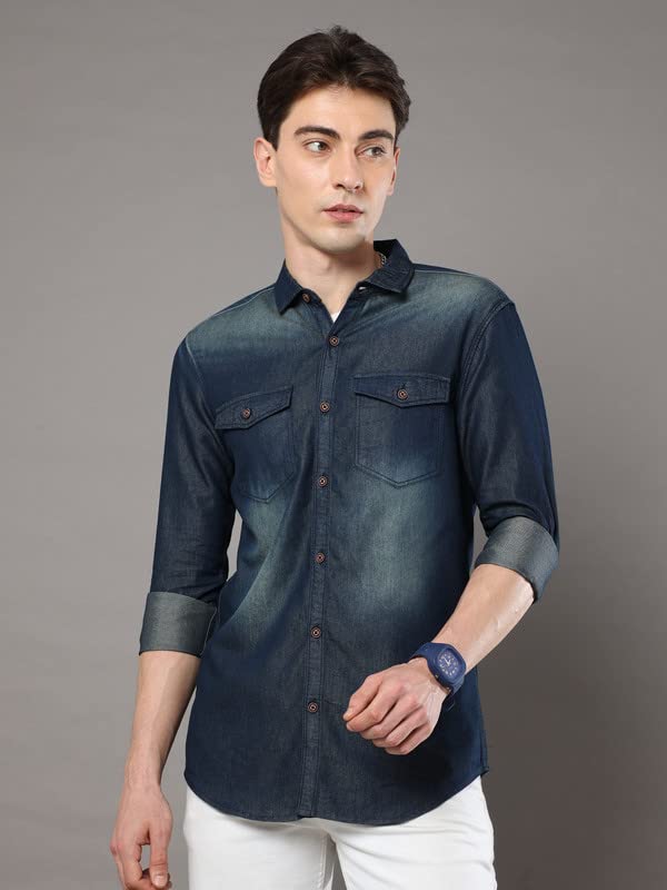 Image of STREETKING Street King Men Denim Double Pocket Casual Regular Fit Full Sleeves Shirt