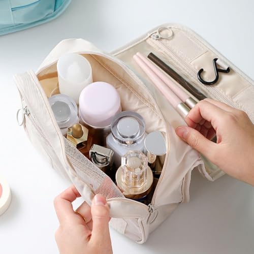 Image of Travel Toiletry Bag with Hanging Hook, Waterproof Cosmetic Organizer Pouch, Foldable Makeup Storage Case with Mesh & Transparent Compartments, Portable Travel Accessories Bag (Beige Beige)