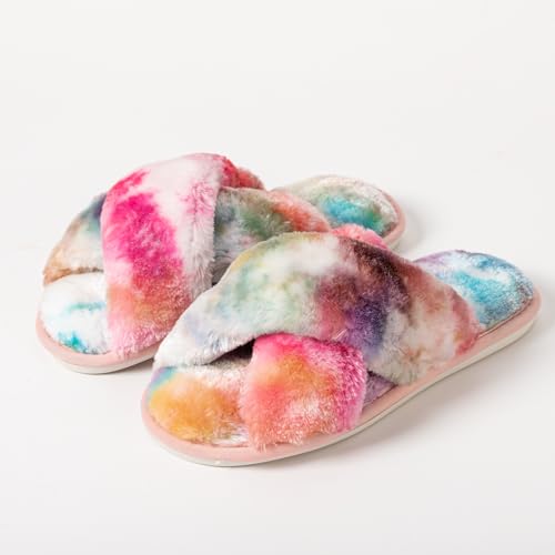 Image of Enteer Women's Slipper Memory Foam Cross Band Fuzzy Slippers Open Toe Cozy House Slippers Cozy Plush Bedroom Indoor Outdoor