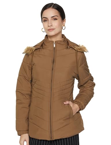 Image of Qube By Fort Collins Women's Medium-Length Bomber Jacket with Detachable Hood Stylish Winterwear for All-Day Comfort |Material: Nylon