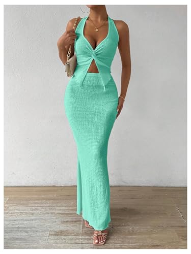 Image of SOLY HUX Women's Two Piece Outfits Twist Front Halter Cami Tops and Skirt Summer Set