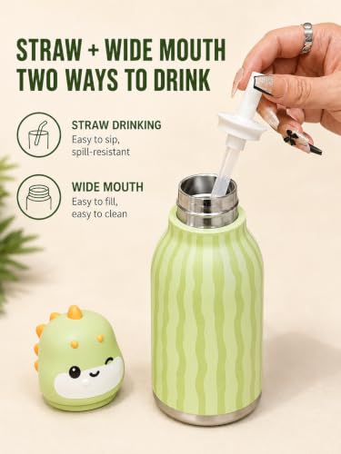 Image of 480ml Stainless Steel Sipper Water Bottle with Straw | Leakproof Animal Sipper Bottle | Reusable Drinking Bottle for School, Travel & Daily Use (Dino)
