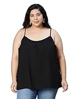 oxolloxo Women Plus Size Solid Black Shoulder Strap Polyester Top
