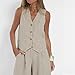 Women Two Piece Outfit Summer Fashion Button V Neck Crop Vest Blazer and Wide Leg Pant Suit Dressy Casual Matching Set Beige