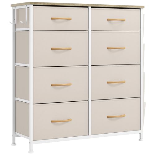 YITAHOME Ladecommode, dressoir met zijzakken en haken, stof 8 laden met handgrepen, metalen frame, houten blad, voor slaapkamer, woonkamer, hal, beige - Afbeelding 5