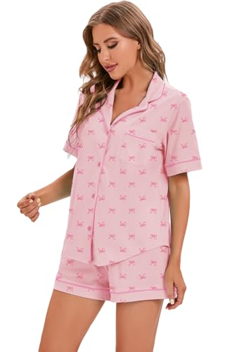 Image of LUBOT 100% Cotton Pajamas for Women 2 Piece PJ Set Button-Down Soft Knit Short Sleeve Summer Sleepwear Loungewear XS-XXL
