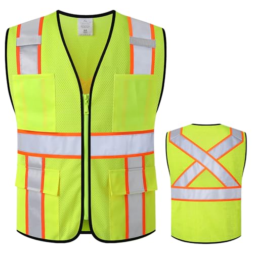 Image of Class 2 Safety Vest with Zipper Front and multiple Pockets, High Visibility Vest, Meets ANSI /ISEA Standards
