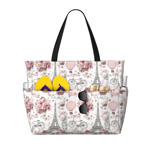 Large Beach Bags for Women Sandproof - Pink Hot Air Balloon Flower Print Summer Travel Work Tote Bags with Zipper