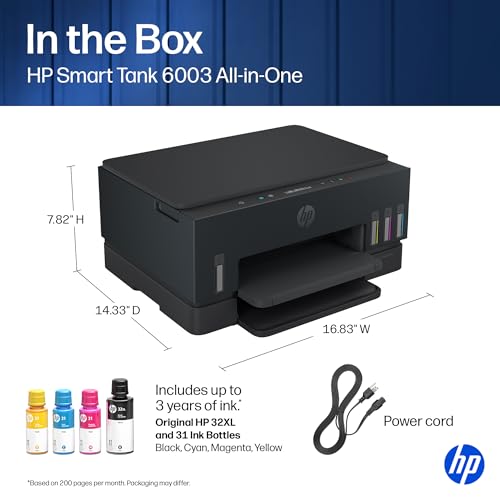 Image of HP Smart Tank 6003 Wireless All-in-One Ink Tank Printer, Scanner, Copier with up to 3 Years of Ink Included, Best-for-Home, Cartridge-Free Refillable, AI-Capable (D35XXA)