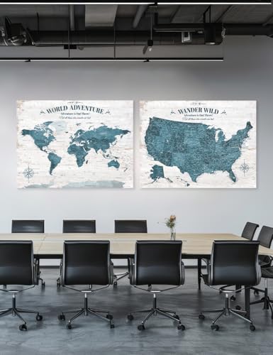 Image of IPIC - Vintage World and USA Push Pin Travel Map Set of 2 on Canvas, Large World Maps for Wall and US Map for Travel Tracking, Wall Art for Travelers and Home Decor, Made in USA