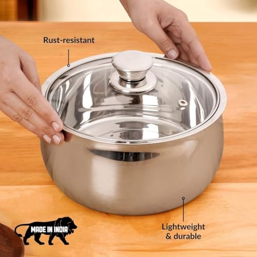Image of Nestasia Stainless Steel Insulated Casserole with Glass Lid (1000 ml) - 100% Food Safe Casserole for Roti Hot Case with Air Vent Lid - Keeps Food Hot & Cold | Rust Resistant & BPA - Free