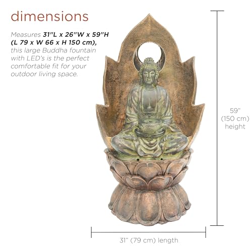 Image of Alpine Corporation 59 inch Tall Outdoor Buddha Fountain with LED Lights, Elegant Water Feature for Garden, Patio, Yard & Outdoor Spaces, Realistic Stone Look, Calming Waterfall for Relaxation, Brown