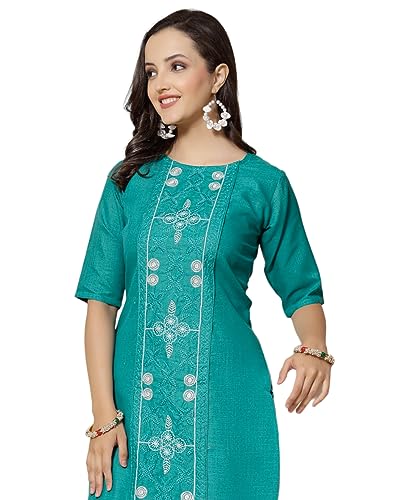 Image of Vinchic Women's Round Neck A-Line Cotton Embroidery Green Kurti (EmbBottle-91011-P)