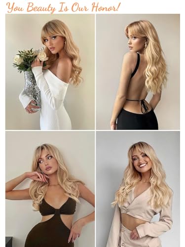 Honygebia Blonde Wig with Fringe, Long Wvay Ombre Blonde Wigs for Women Synthetic Heat Resistant Natural Looking Blond Hair - Image 2