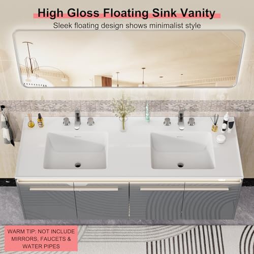 60-Double-Sink-Floating-Vanity-with-Human-Sensor-LED-High-Gloss-Wall-Mounted-Bathroom-Vanity-with-Sink-Modern-Bath-Sink-Vanity-Cabinet-with-Metal-Handles-Gray