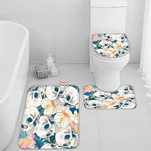 Badematten Set 3D Schädel Blume absorbierend 3-teiliges Flanell-Badezimmerteppich-Set maschinenwaschbare weich…