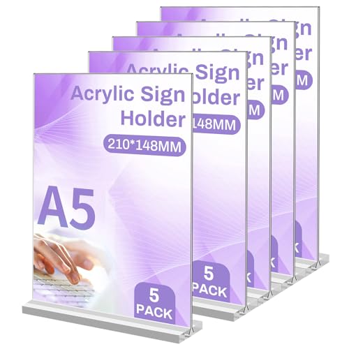 5 Pcs Soporte Metacrilato A5, Expositor Acrílicoen A5 forma de T Soporte de Letrero Transparente...